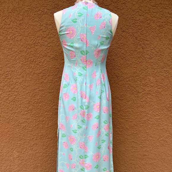 Classic Lilly Pulitzer Silk Maxi Dress Blue with Pink Morning Glories Size 6 - Picture 3 of 16